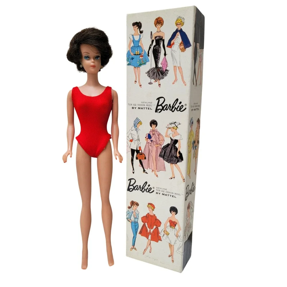 VTG 1962 Bubblecut Barbie‎ Doll Brunette Red Swimsuit With Box And Metal Stand